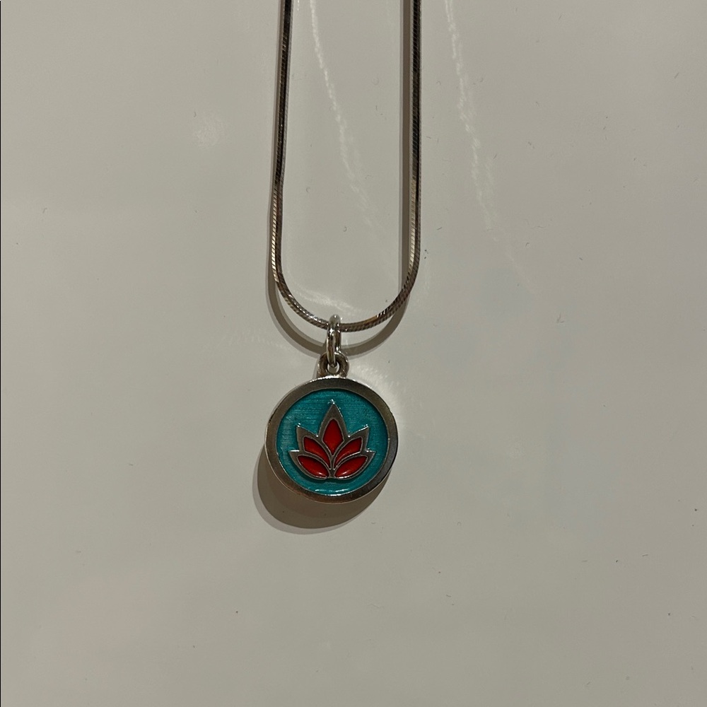 Teal and Red Lotus Sterling Silver Pendant Necklace